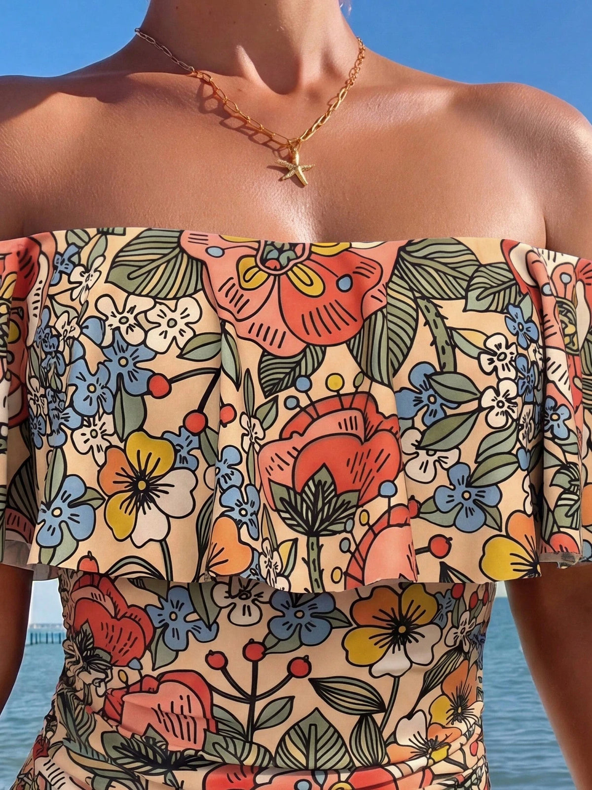 Swim Lushoire Spring/Summer Leopard Print Ruffle Off-Shoulder Women's One-Piece Swimsuit With Side Drawstring, Festival Boho