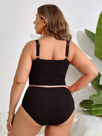 Swim Lushoire Summer Beach Plus Size Women's Solid Color Puckered Halter Tankini Top And Backless Tankini Bottom