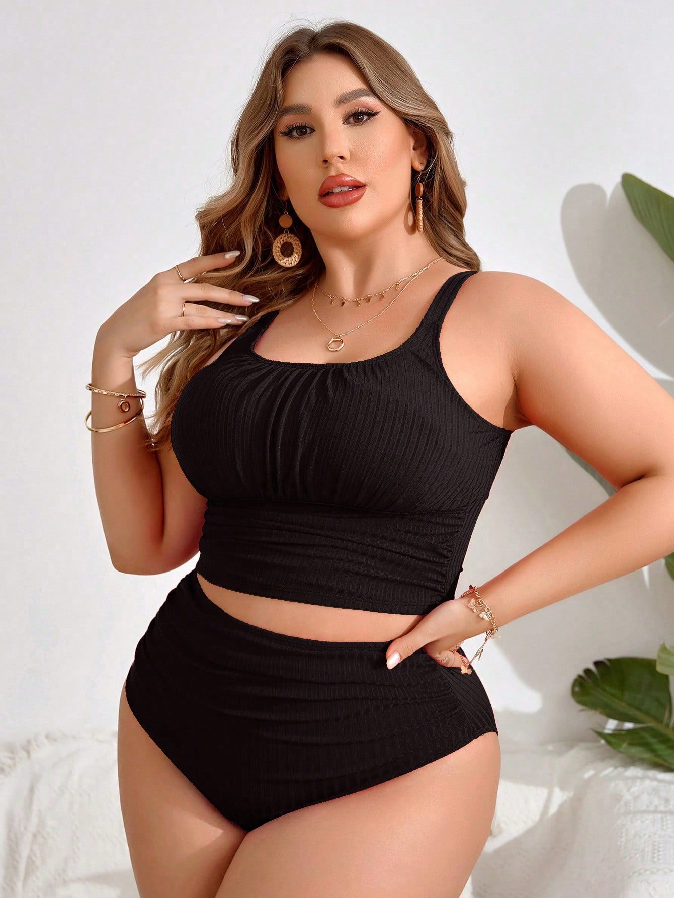 Swim Lushoire Summer Beach Plus Size Women's Solid Color Puckered Halter Tankini Top And Backless Tankini Bottom