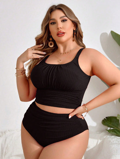 Swim Lushoire Summer Beach Plus Size Women's Solid Color Puckered Halter Tankini Top And Backless Tankini Bottom