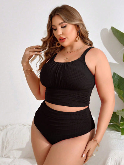 Swim Lushoire Summer Beach Plus Size Women's Solid Color Puckered Halter Tankini Top And Backless Tankini Bottom