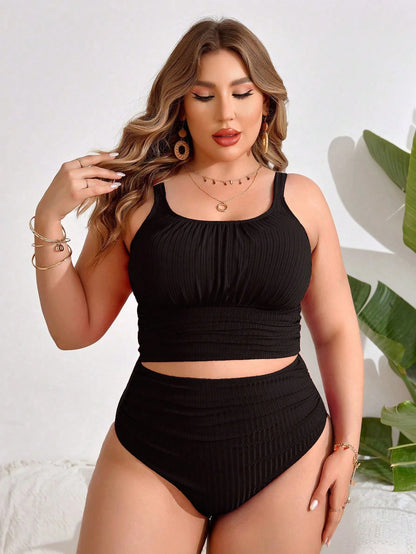 Swim Lushoire Summer Beach Plus Size Women's Solid Color Puckered Halter Tankini Top And Backless Tankini Bottom