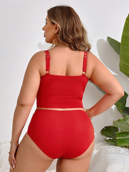 Swim Lushoire Summer Beach Plus Size Women's Solid Color Puckered Halter Tankini Top And Backless Tankini Bottom