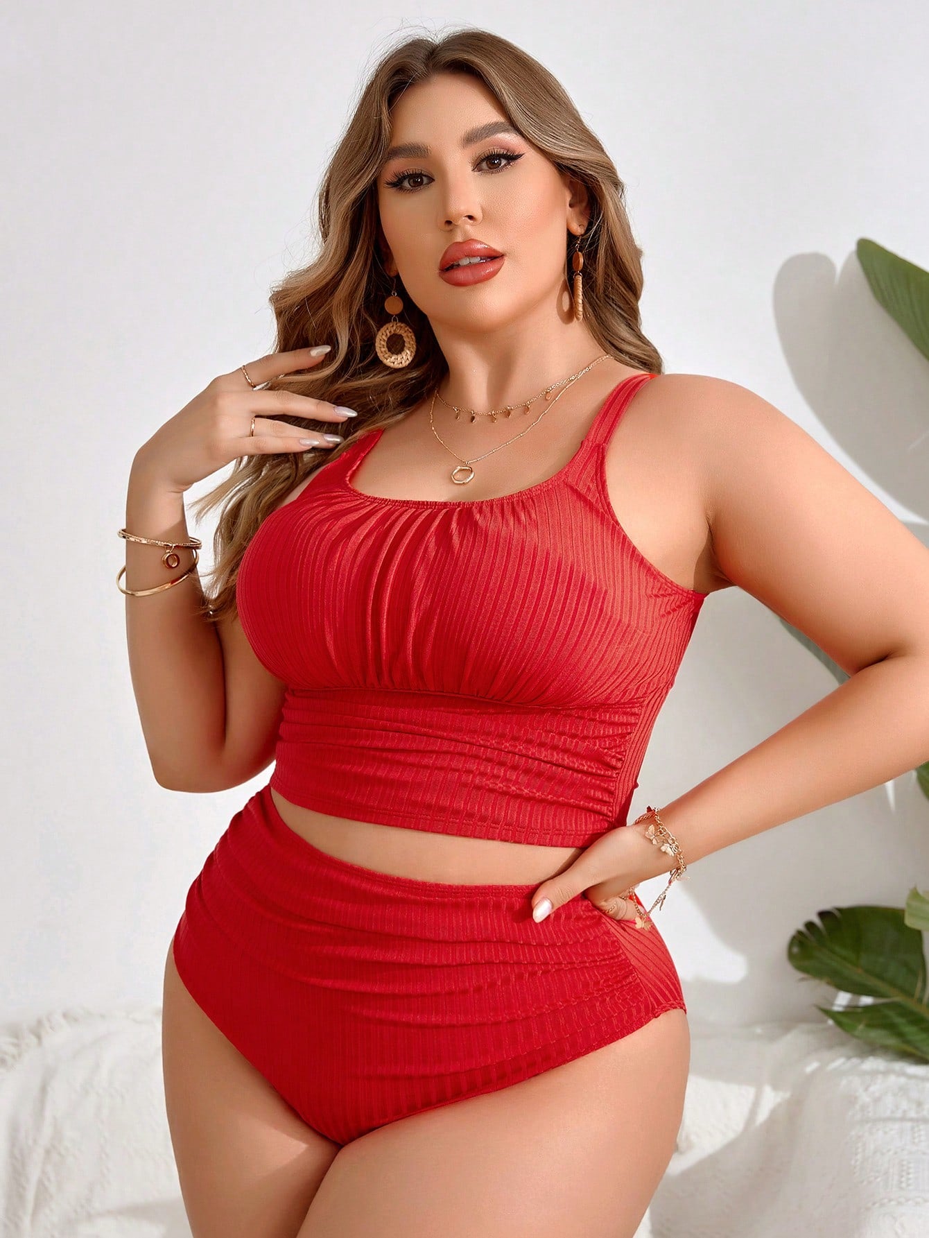 Swim Lushoire Summer Beach Plus Size Women's Solid Color Puckered Halter Tankini Top And Backless Tankini Bottom