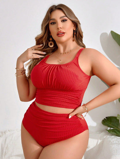 Swim Lushoire Summer Beach Plus Size Women's Solid Color Puckered Halter Tankini Top And Backless Tankini Bottom