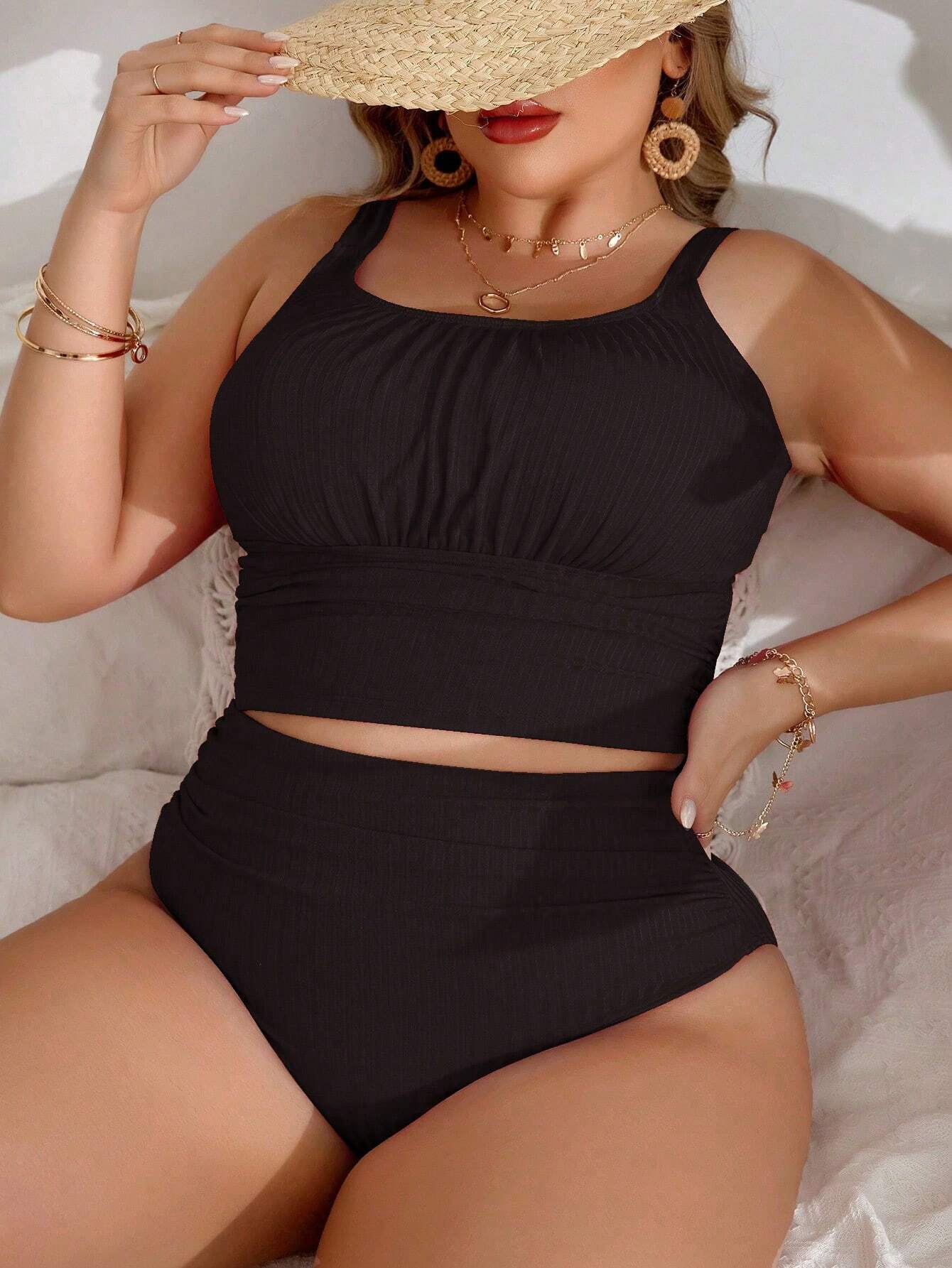 Swim Lushoire Summer Beach Plus Size Women's Solid Color Puckered Halter Tankini Top And Backless Tankini Bottom