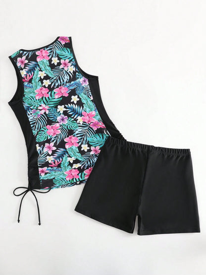 Swim Lushoire Summer Beach Tropical Print Shorts Tankini