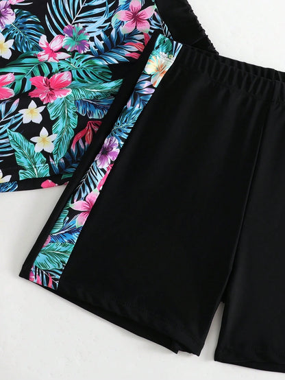 Swim Lushoire Summer Beach Tropical Print Shorts Tankini