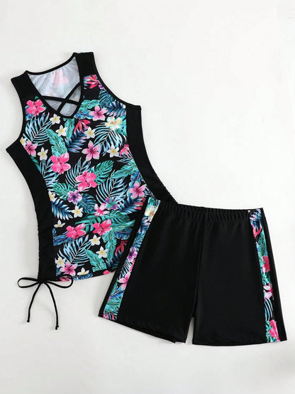 Swim Lushoire Summer Beach Tropical Print Shorts Tankini