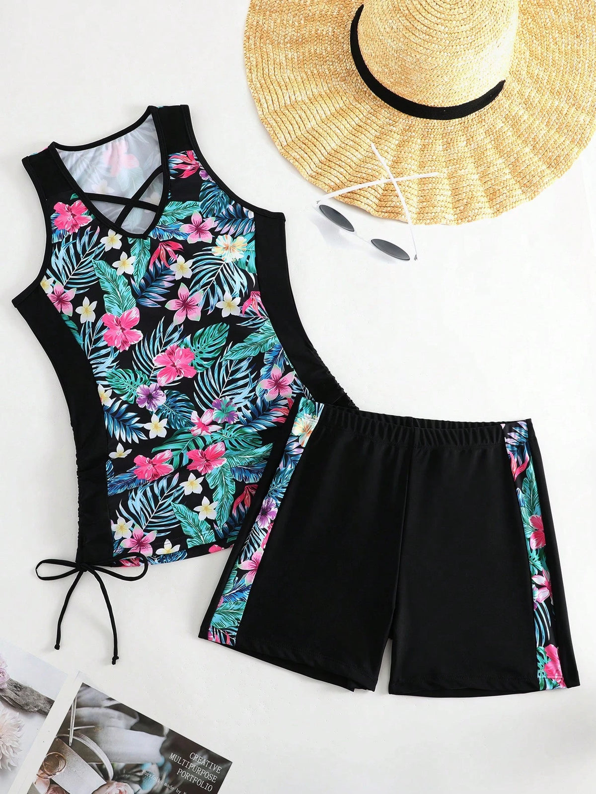 Swim Lushoire Summer Beach Tropical Print Shorts Tankini