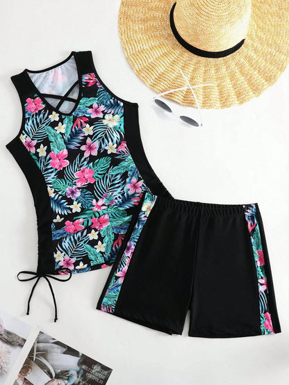 Swim Lushoire Summer Beach Tropical Print Shorts Tankini