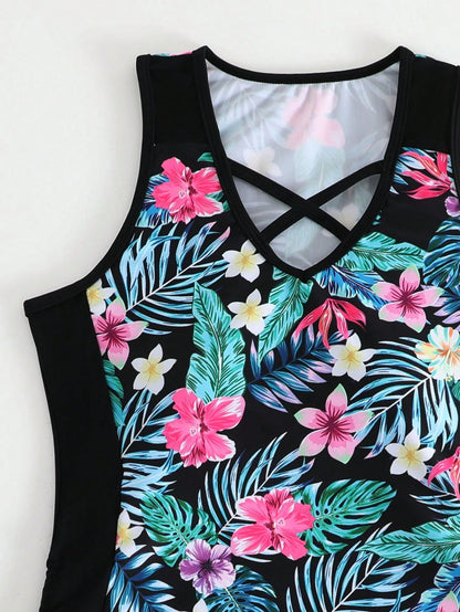 Swim Lushoire Summer Beach Tropical Print Shorts Tankini