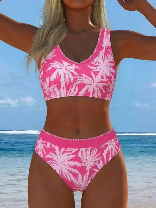 Swim Lushoire Women's Mature Black & White Palm Tree Print Bikini Set, Contrast Trim Fashionable Swimwear, Tropical Island Vacation Stylish Swimwear