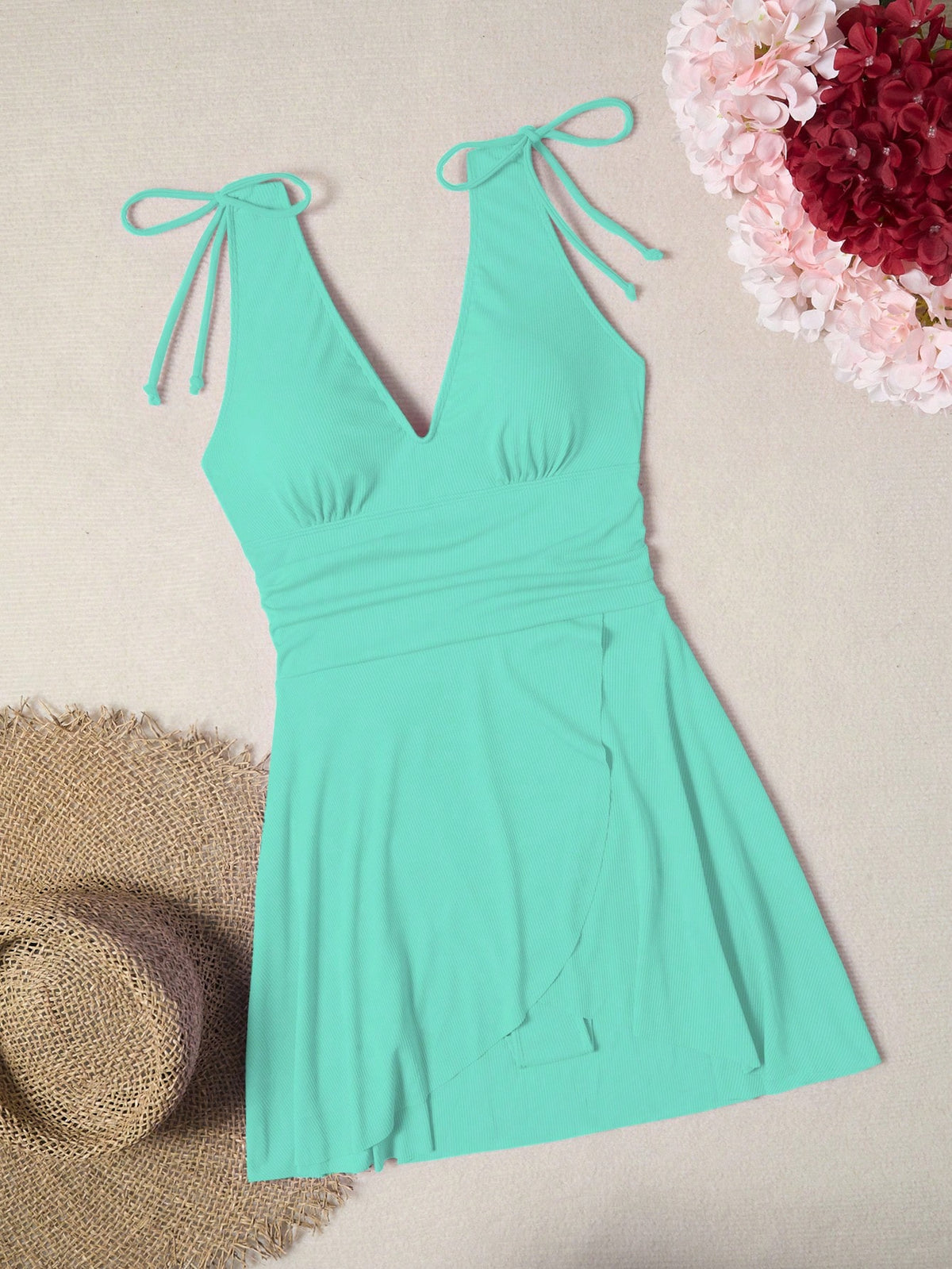 Swim Lushoire Women's Solid Color Shoulder Tie Fitted Sexy Beach Swim Dress