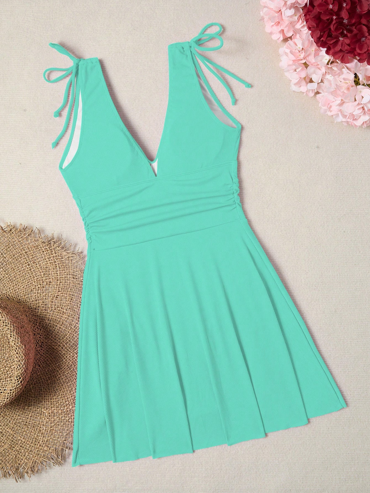 Swim Lushoire Women's Solid Color Shoulder Tie Fitted Sexy Beach Swim Dress