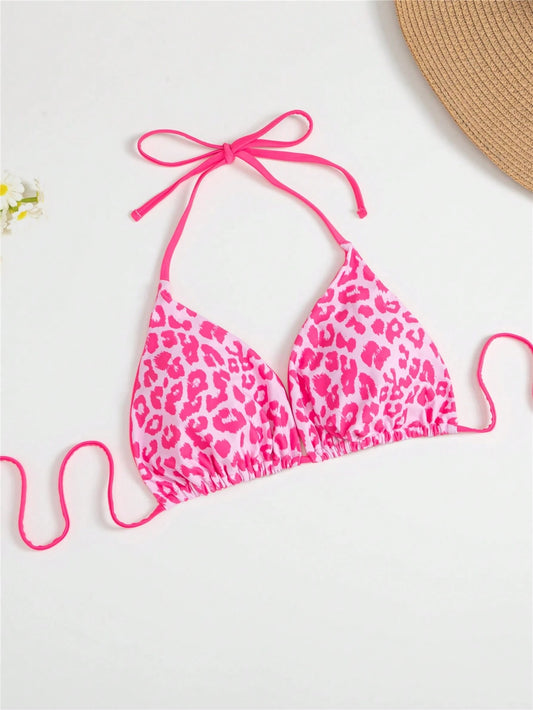 Swim Mod 1pc 2025 Plus Size Women Leopard Print Halter Tie Front Sexy Bikini Top Summer
