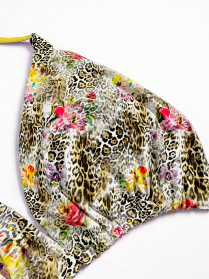 Swim Mod 1pc 2025 Plus Size Women Leopard Print Halter Tie Front Sexy Bikini Top Summer