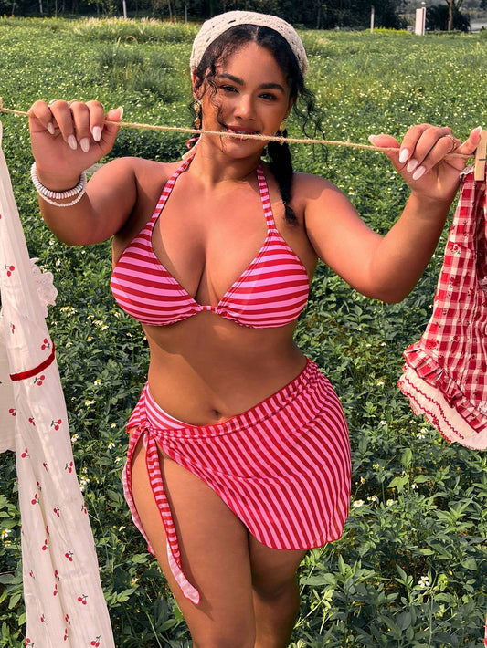 Swim Mod 2026 New Fuchsia Pink Striped Halter Neck 3 PiecesBikini Set With Sarong Skirt, Flattering For Vacation