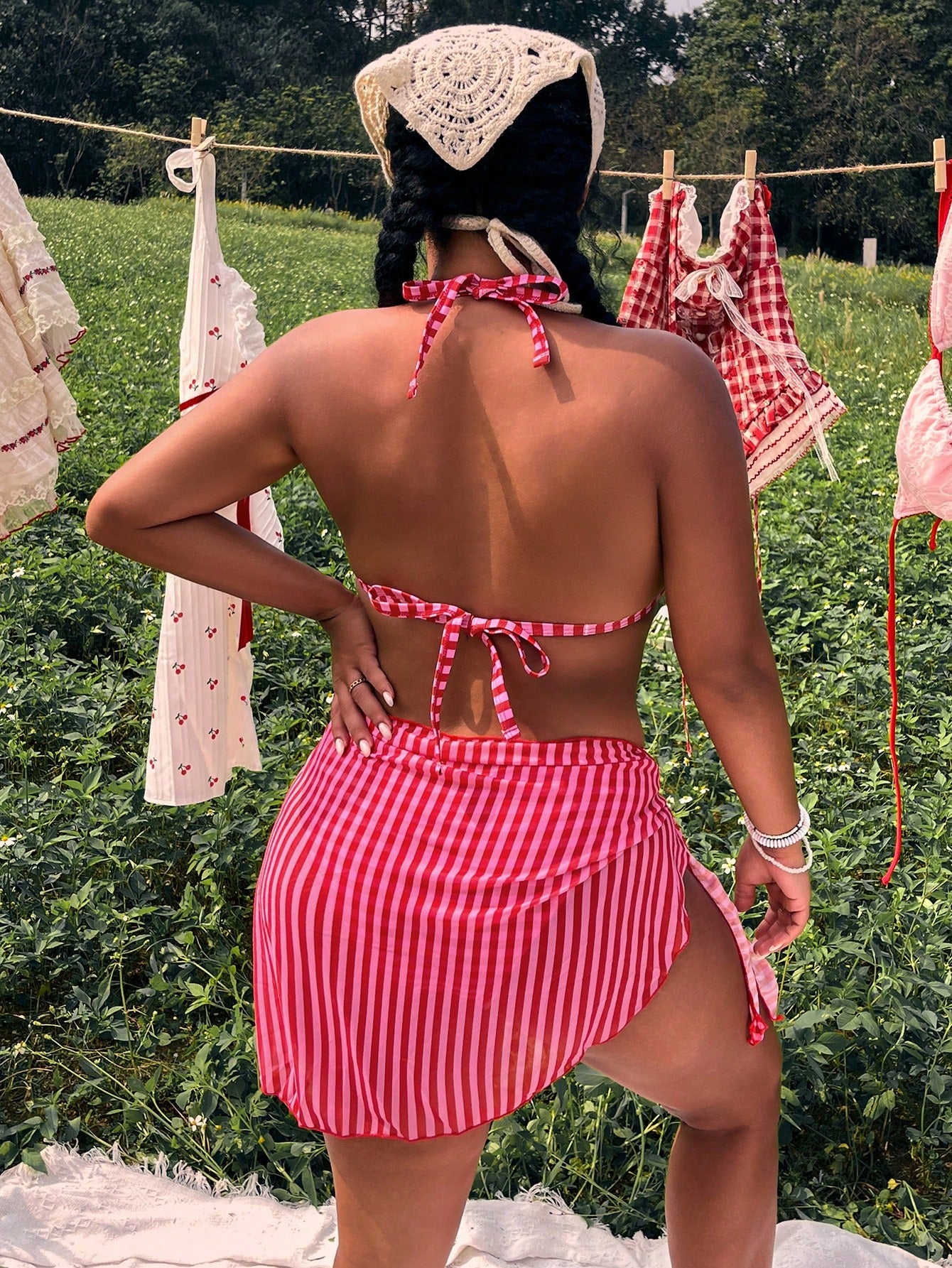 Swim Mod 2026 New Fuchsia Pink Striped Halter Neck 3 PiecesBikini Set With Sarong Skirt, Flattering For Vacation
