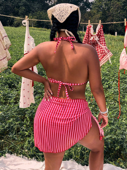 Swim Mod 2026 New Fuchsia Pink Striped Halter Neck 3 PiecesBikini Set With Sarong Skirt, Flattering For Vacation