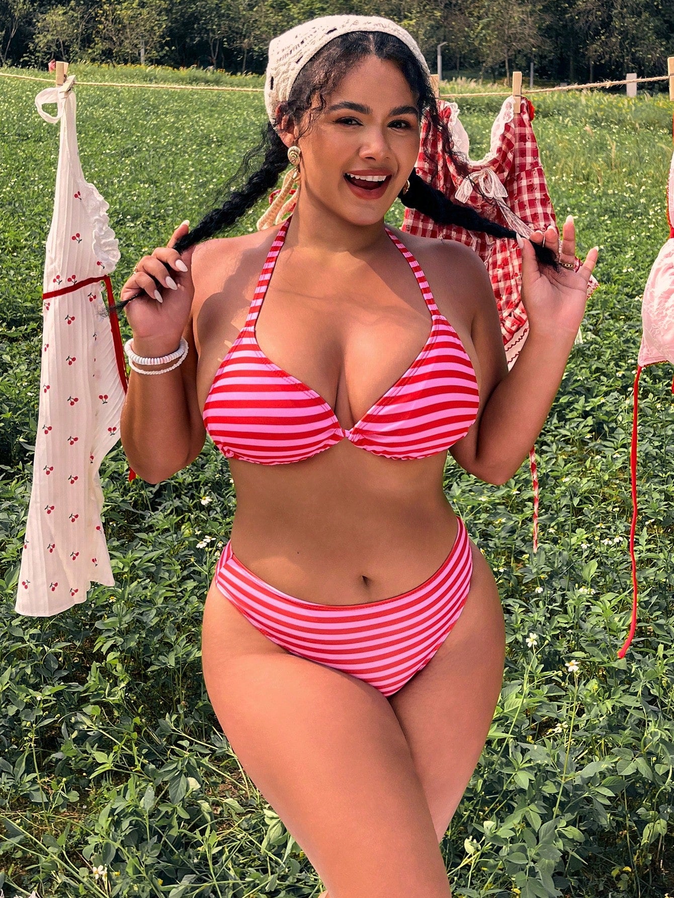 Swim Mod 2026 New Fuchsia Pink Striped Halter Neck 3 PiecesBikini Set With Sarong Skirt, Flattering For Vacation