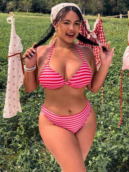 Swim Mod 2026 New Fuchsia Pink Striped Halter Neck 3 PiecesBikini Set With Sarong Skirt, Flattering For Vacation