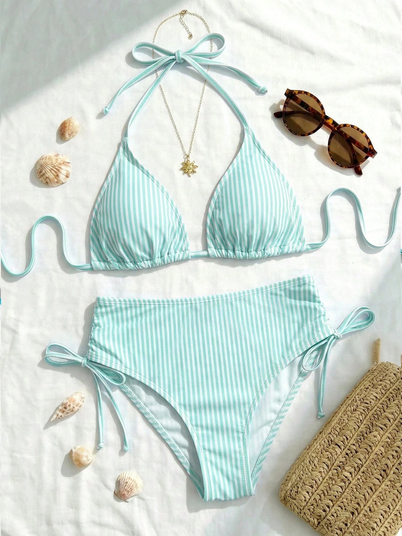 Swim Mod 2026 New Plus Size Women 2pcs/Set Random Striped Print High Waist Drawstring Casual Swimwear Set
