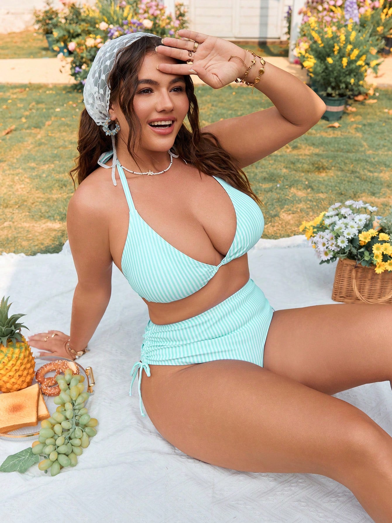 Swim Mod 2026 New Plus Size Women 2pcs/Set Random Striped Print High Waist Drawstring Casual Swimwear Set