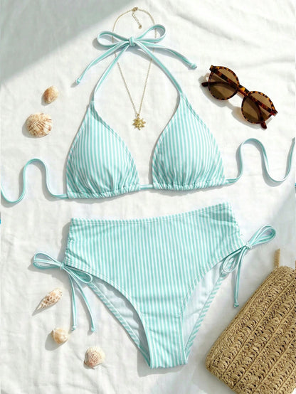 Swim Mod 2026 New Plus Size Women 2pcs/Set Random Striped Print High Waist Drawstring Casual Swimwear Set