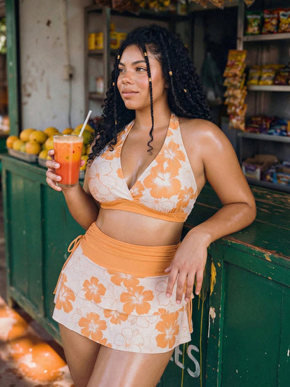 Swim Mod 2026 New Summer Beach Vacation Women's Orange & White Ditsy Floral Bikini 3-Piece Set, Bohemian Style Halter Triangle Top And Mini Skirt, Summer Beach Vacation Casual Plus Size Swimsuit Set