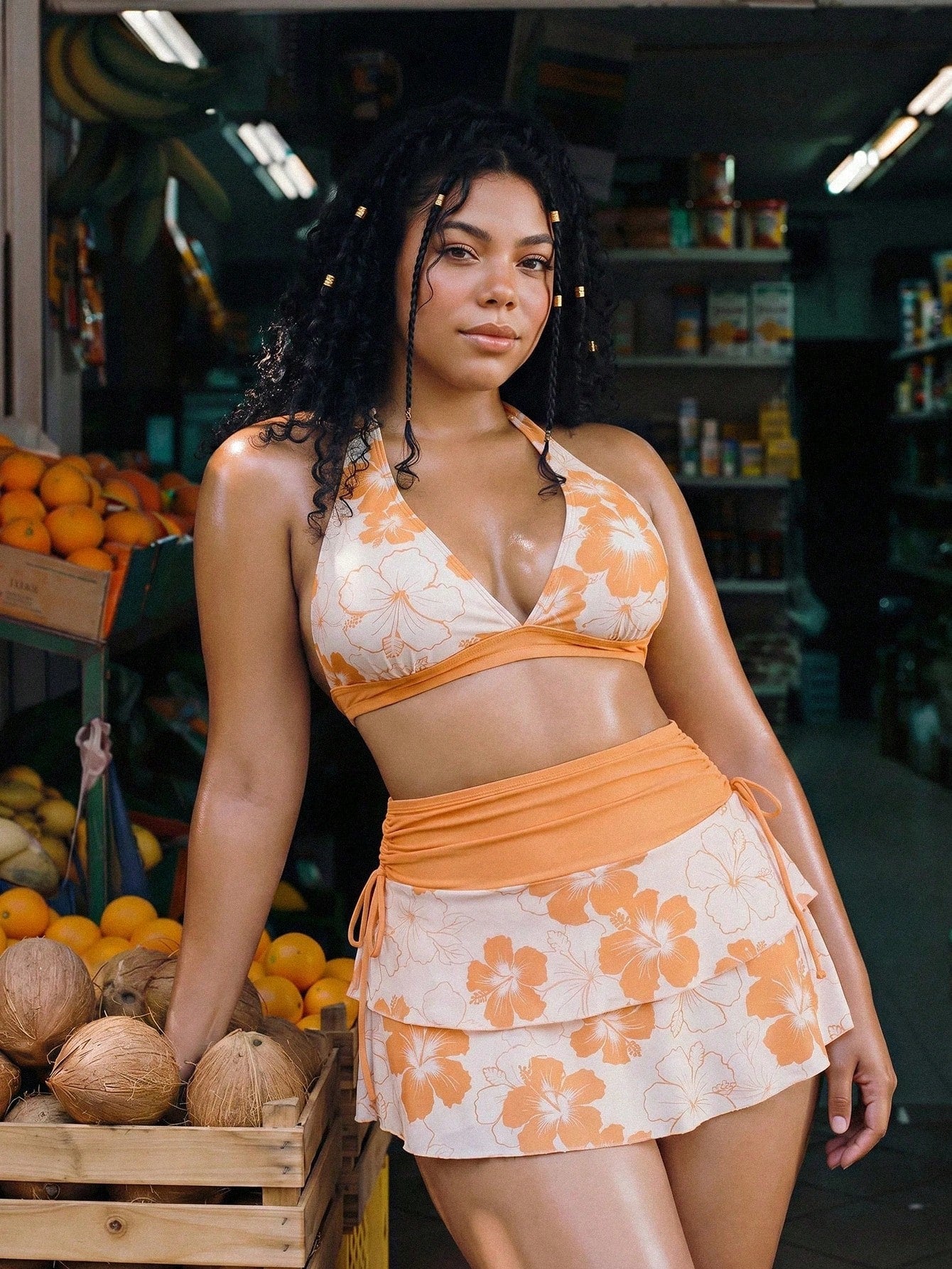 Swim Mod 2026 New Summer Beach Vacation Women's Orange & White Ditsy Floral Bikini 3-Piece Set, Bohemian Style Halter Triangle Top And Mini Skirt, Summer Beach Vacation Casual Plus Size Swimsuit Set