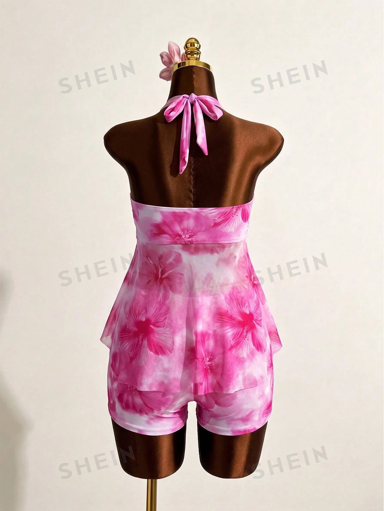 Swim Mod 2026 Spring/Summer New Plus Size Women's Floral Print Halter Tankini Set For Beach