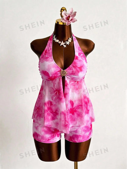 Swim Mod 2026 Spring/Summer New Plus Size Women's Floral Print Halter Tankini Set For Beach