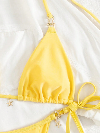 Swim Mod 2pcs/Set Summer Vacation Sexy Fashionable Solid Color Halter Tie Starfish Decor Bottom + Side Tie Bottom Bikini Sets