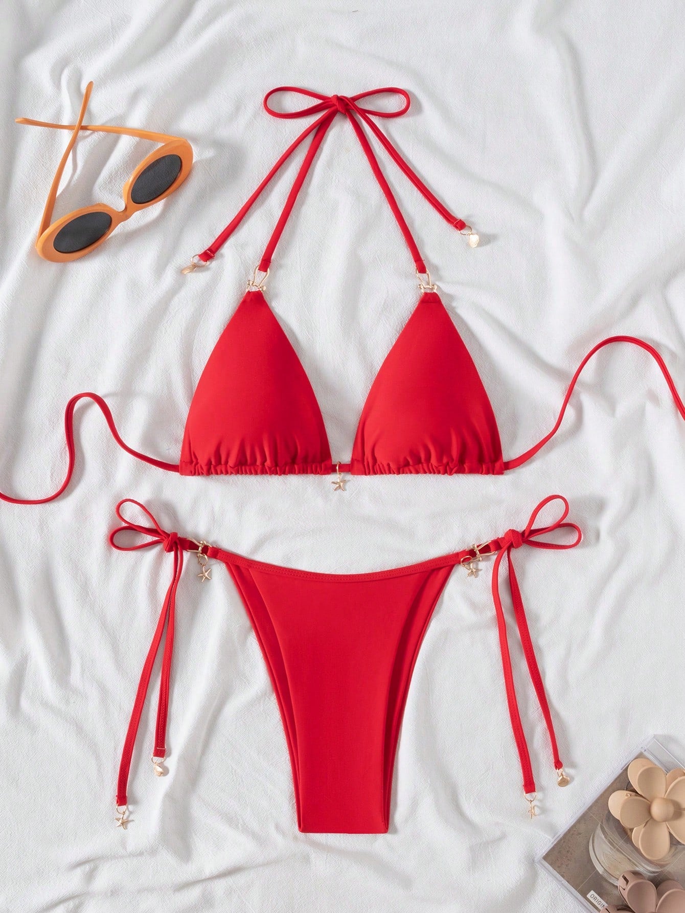 Swim Mod 2pcs/Set Summer Vacation Sexy Fashionable Solid Color Halter Tie Starfish Decor Bottom + Side Tie Bottom Bikini Sets