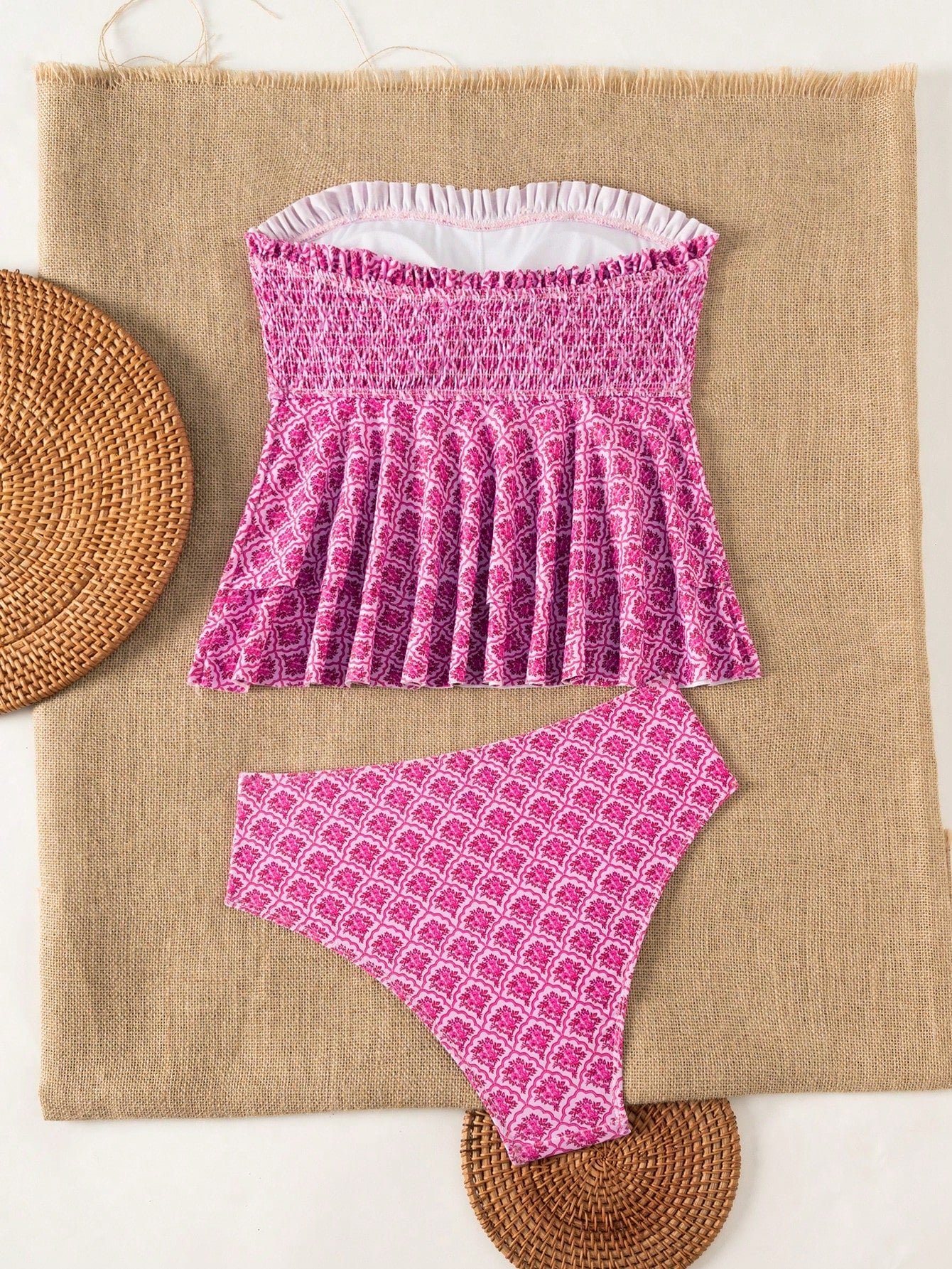 Swim Mod One-Piece Bandeau Bikini Top With Ruched Elastic Trim, Non-Slip Fit, Shirred Body Design, High Stretch, Fits Multiple Bust Sizes, Triangle Bikini Bottom With Skirt Coverage, Stylish And Pract