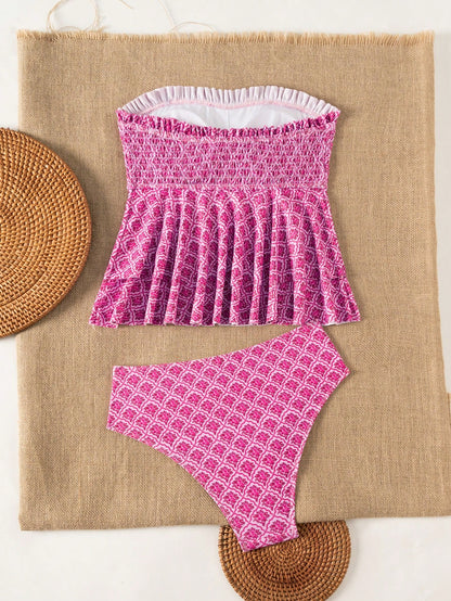 Swim Mod One-Piece Bandeau Bikini Top With Ruched Elastic Trim, Non-Slip Fit, Shirred Body Design, High Stretch, Fits Multiple Bust Sizes, Triangle Bikini Bottom With Skirt Coverage, Stylish And Pract