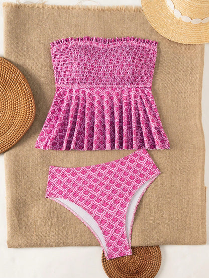 Swim Mod One-Piece Bandeau Bikini Top With Ruched Elastic Trim, Non-Slip Fit, Shirred Body Design, High Stretch, Fits Multiple Bust Sizes, Triangle Bikini Bottom With Skirt Coverage, Stylish And Pract