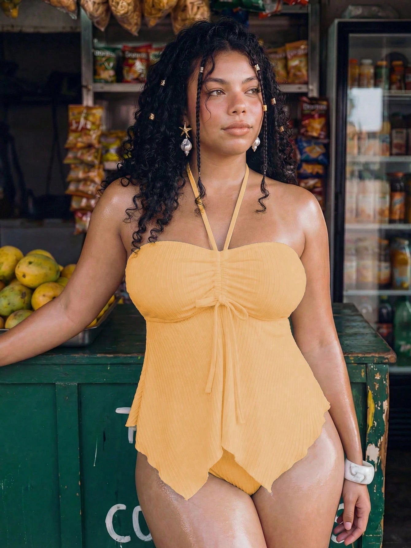 Swim Mod Plus Size 2-Piece Women's Elegant Solid Color Knit Textured Halter Neck Bikini Swimsuit Top With Sexy Ruched Tie Front Skirt Beach Yellow Summer