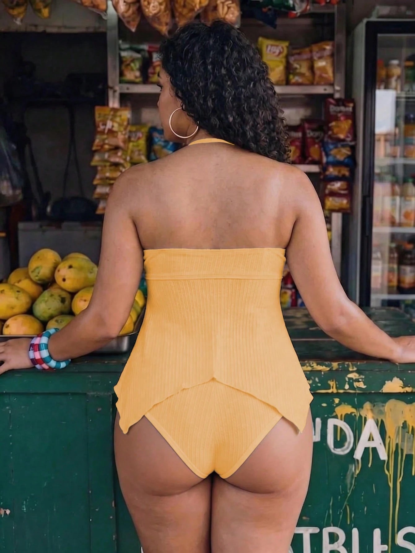 Swim Mod Plus Size 2-Piece Women's Elegant Solid Color Knit Textured Halter Neck Bikini Swimsuit Top With Sexy Ruched Tie Front Skirt Beach Yellow Summer
