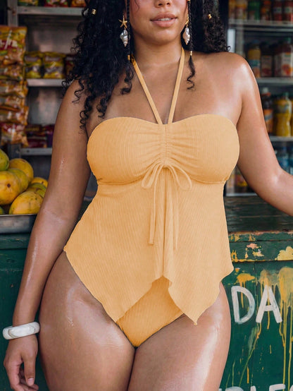 Swim Mod Plus Size 2-Piece Women's Elegant Solid Color Knit Textured Halter Neck Bikini Swimsuit Top With Sexy Ruched Tie Front Skirt Beach Yellow Summer