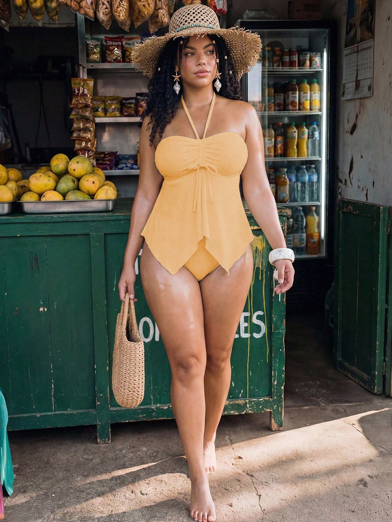 Swim Mod Plus Size 2-Piece Women's Elegant Solid Color Knit Textured Halter Neck Bikini Swimsuit Top With Sexy Ruched Tie Front Skirt Beach Yellow Summer