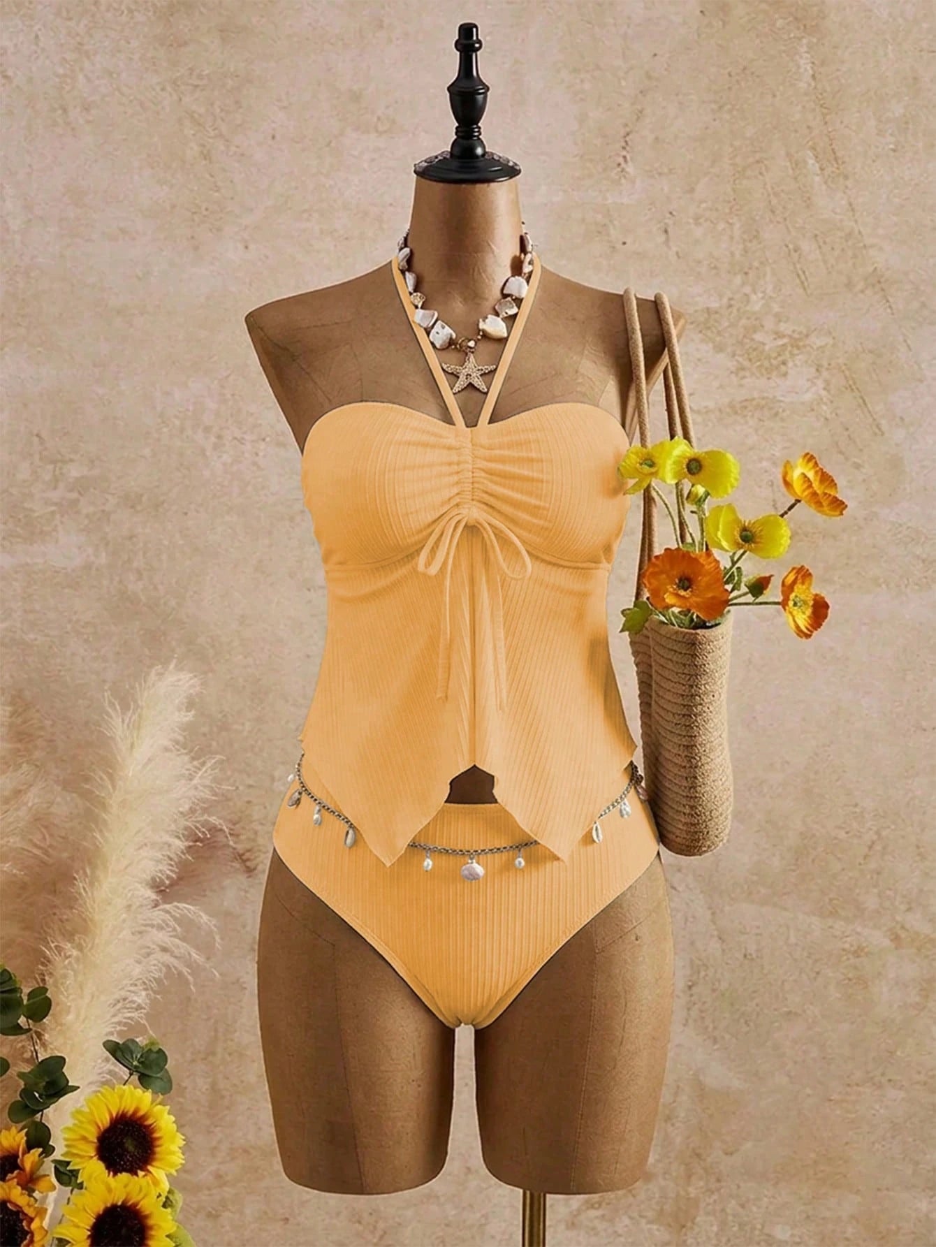 Swim Mod Plus Size 2-Piece Women's Elegant Solid Color Knit Textured Halter Neck Bikini Swimsuit Top With Sexy Ruched Tie Front Skirt Beach Yellow Summer