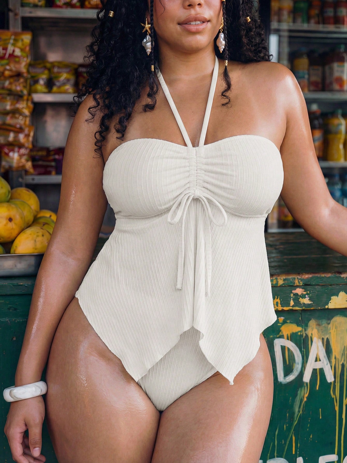 Swim Mod Plus Size 2-Piece Women's Elegant Solid Color Knit Textured Halter Neck Bikini Swimsuit Top With Sexy Ruched Tie Front Skirt Beach Yellow Summer