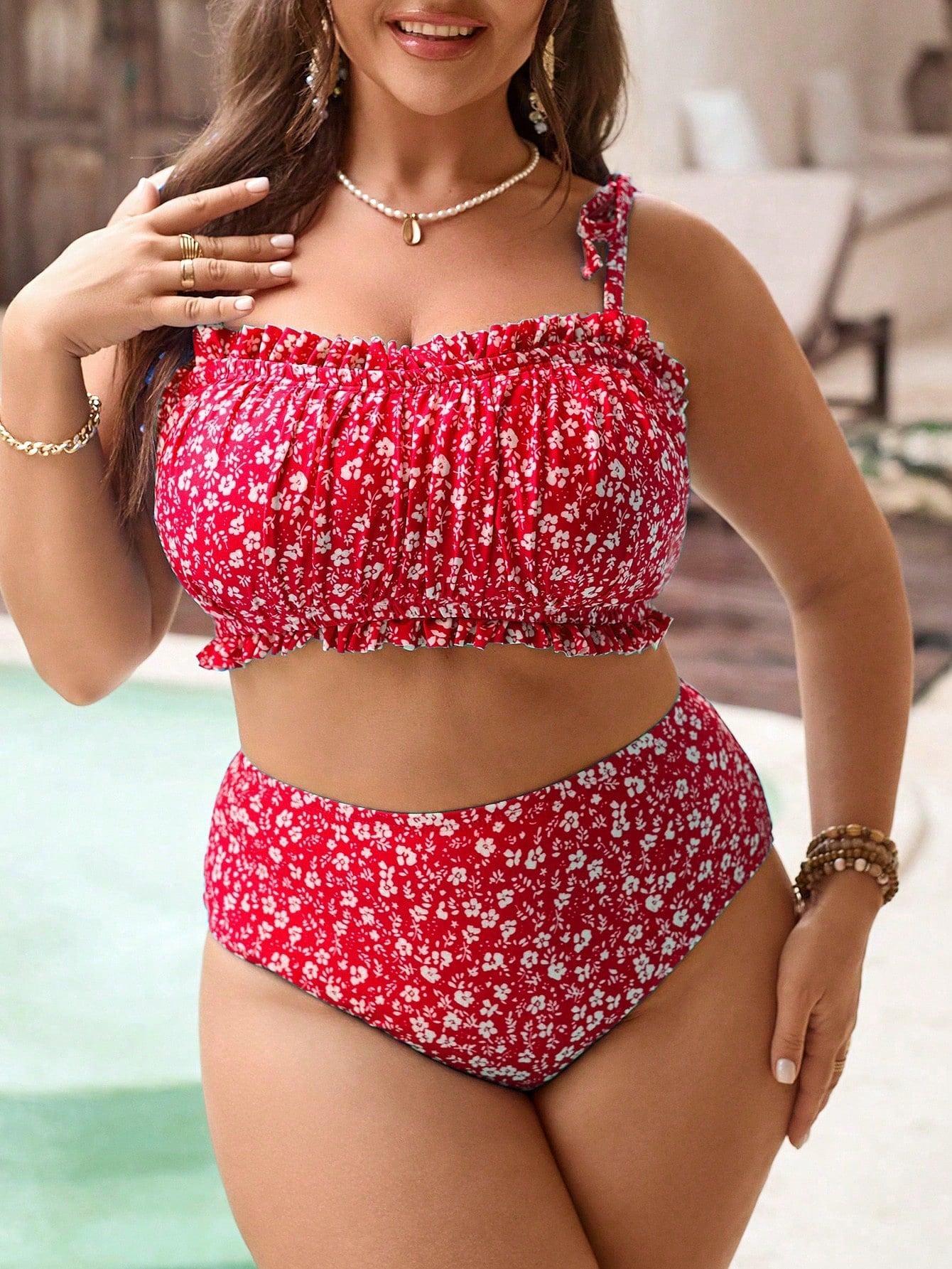 Swim Mod Plus Size 3pcs Set:Red,Summer,Boho,Satin,Beach,Holiday Ditsy Floral Bandeau Top,Triangle Bikini Bottom&Ruffle Hem Skirt,Casual Elegant Swimwear Set