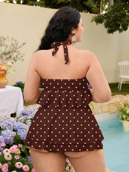 Swim Mod Plus Size Polka Dot Print Bikini Set, Vacation Beach Vacation Swimwear Summer