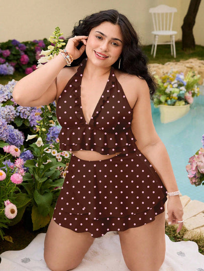 Swim Mod Plus Size Polka Dot Print Bikini Set, Vacation Beach Vacation Swimwear Summer