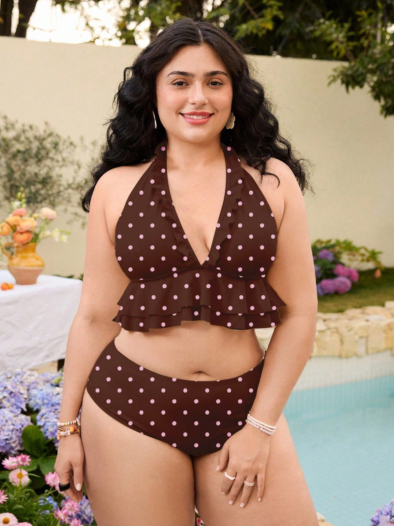 Swim Mod Plus Size Polka Dot Print Bikini Set, Vacation Beach Vacation Swimwear Summer