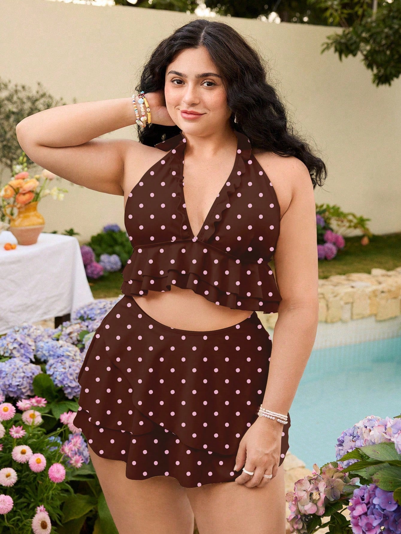 Swim Mod Plus Size Polka Dot Print Bikini Set, Vacation Beach Vacation Swimwear Summer