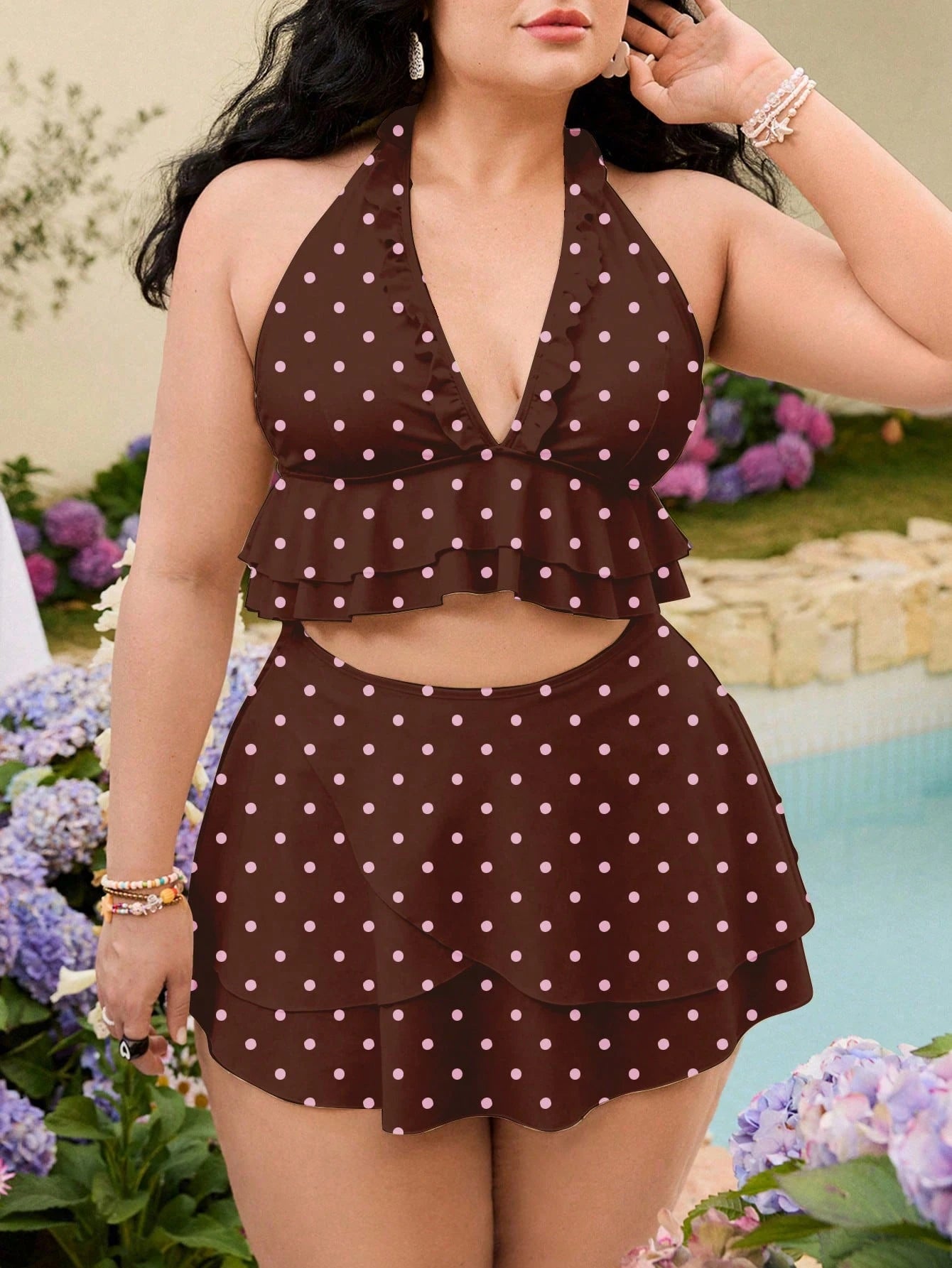 Swim Mod Plus Size Polka Dot Print Bikini Set, Vacation Beach Vacation Swimwear Summer